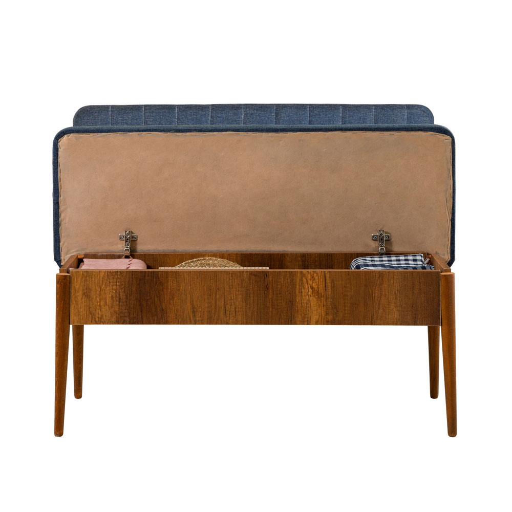 Vina Fabric Dining Bench with Walnut Wooden Frame in Dark Blue