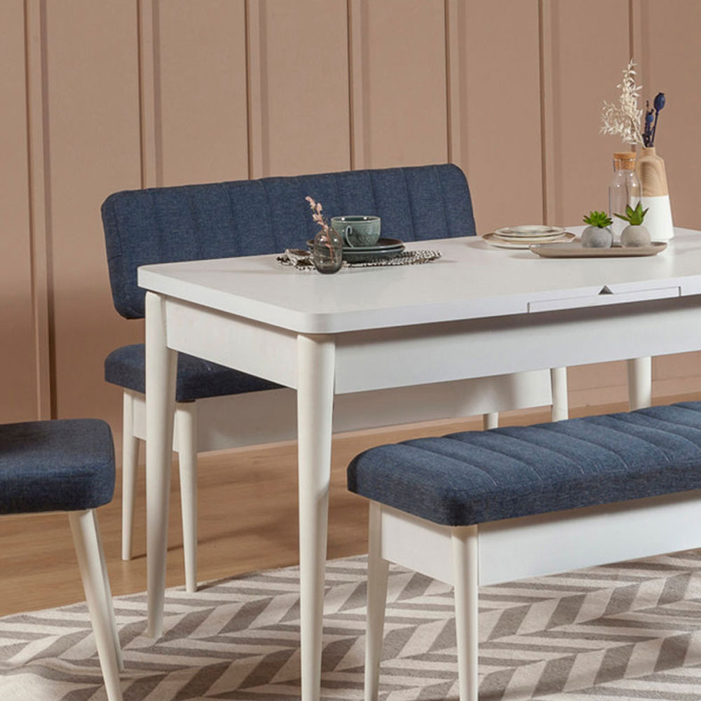 Vina Fabric Dining Bench with White Wooden Frame in Dark Blue