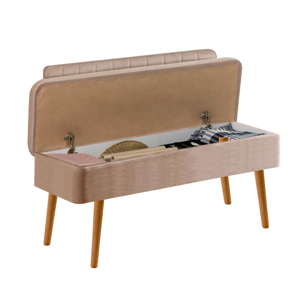 Vina Fabric Storage Dining Bench with Atlantic Pine Wooden Frame in Stone