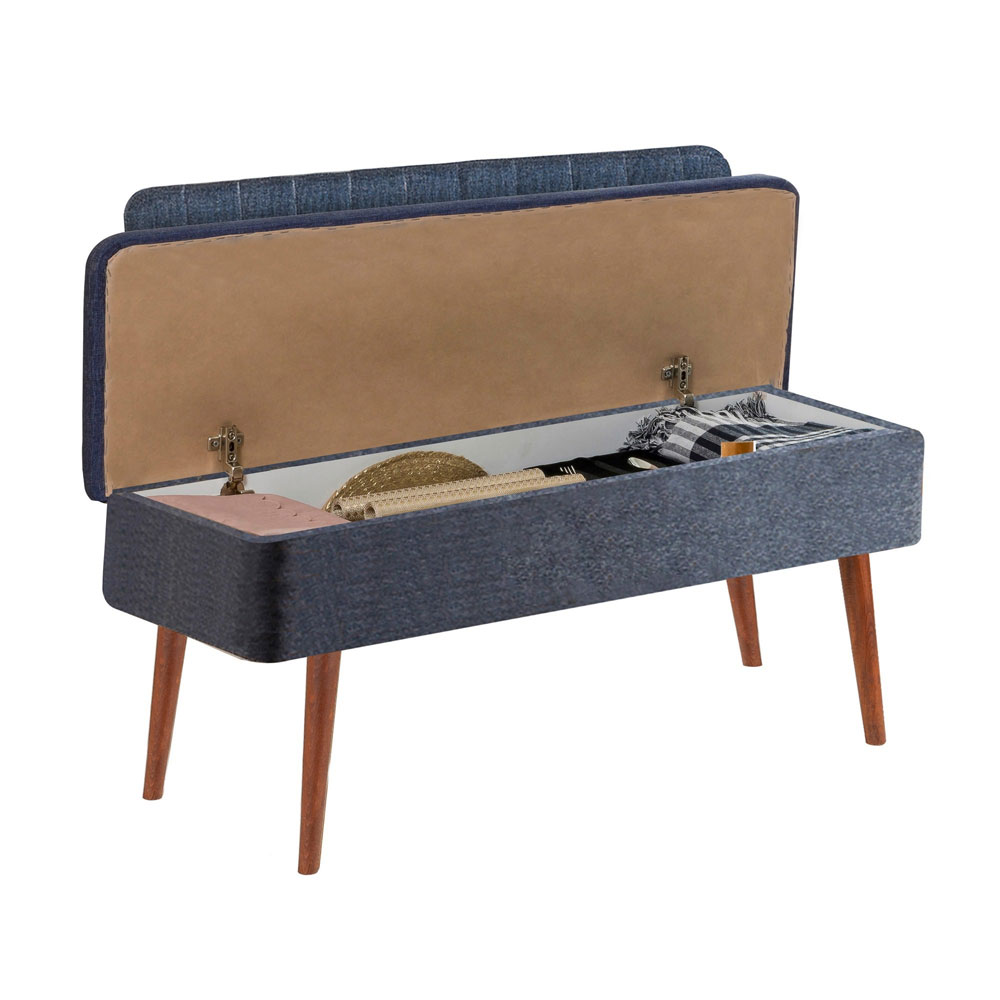 Vina Fabric Storage Dining Bench with Walnut Wooden Frame in Dark Blue