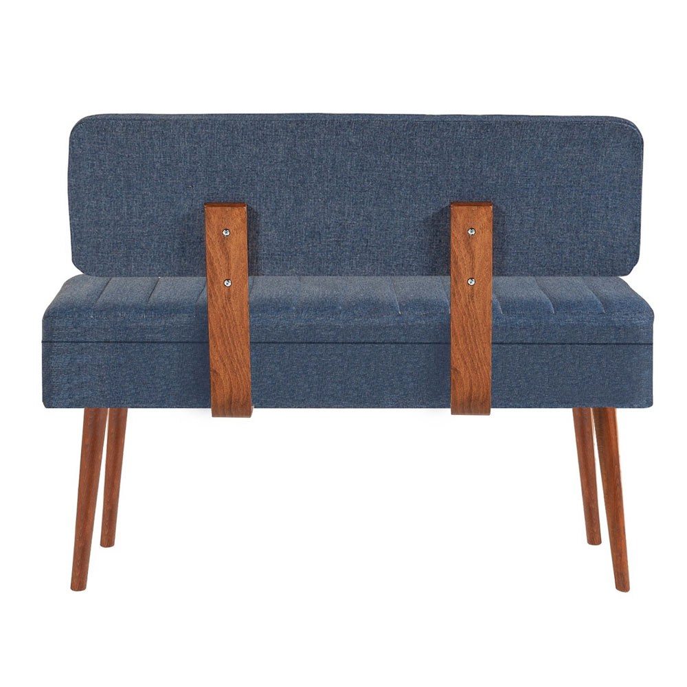 Vina Fabric Storage Dining Bench with Walnut Wooden Frame in Dark Blue