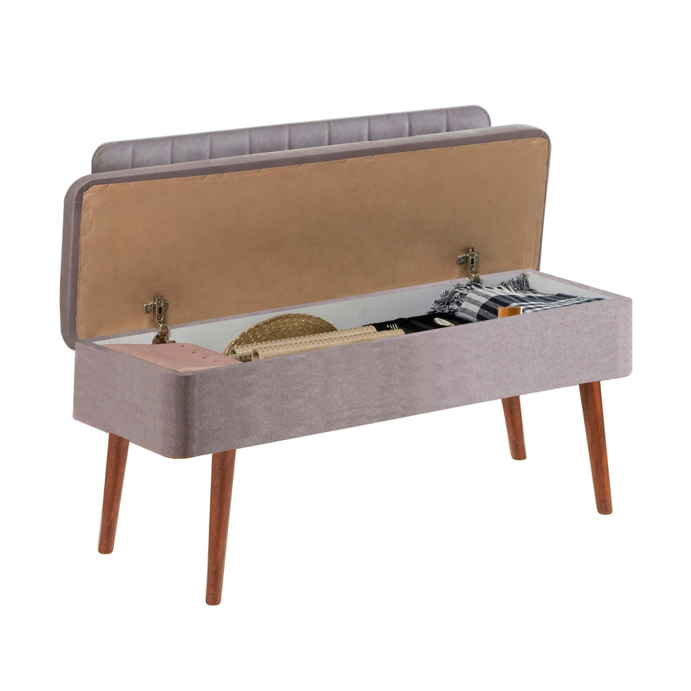 Vina Fabric Storage Dining Bench with Walnut Wooden Frame in Grey