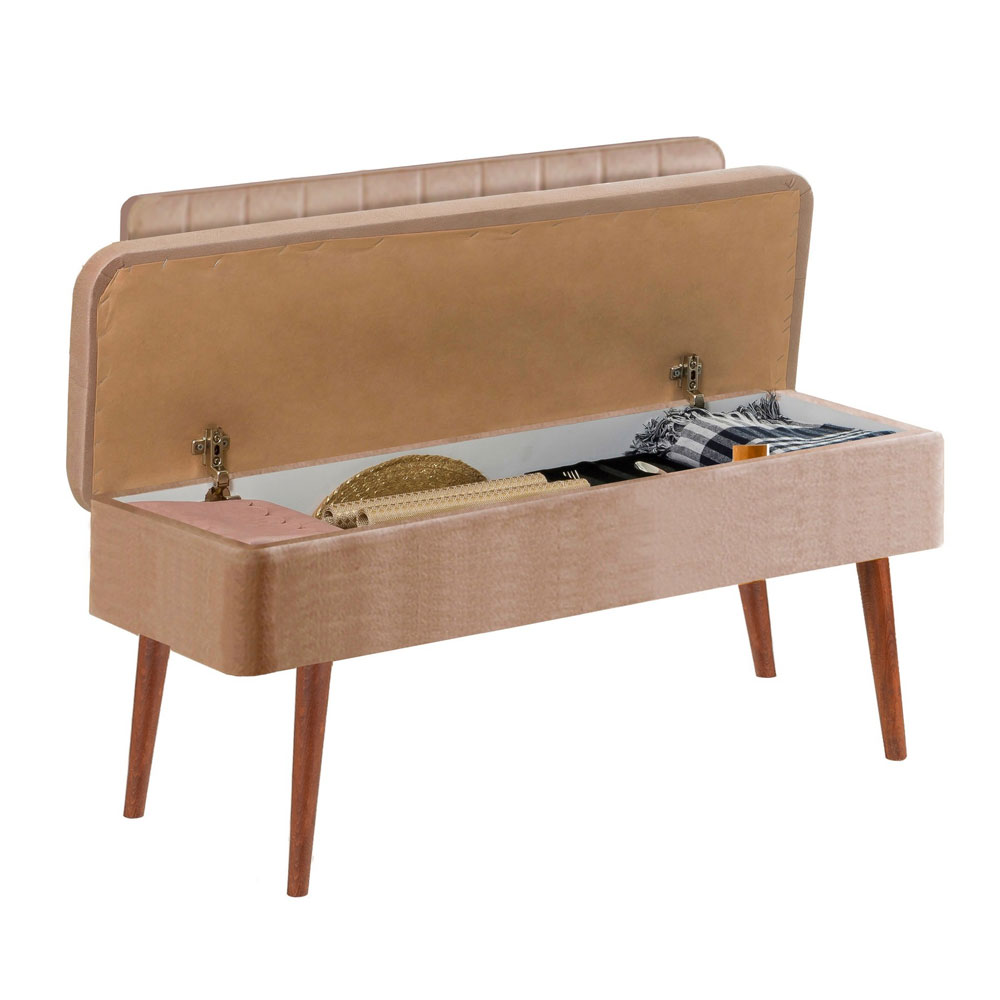 Vina Fabric Storage Dining Bench with Walnut Wooden Frame in Stone