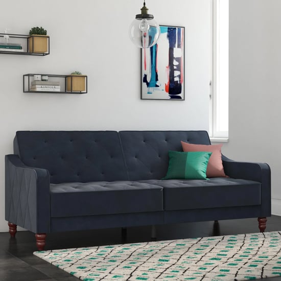 Read more about Vincenzo tufted futon velvet sofa bed with wooden legs in blue