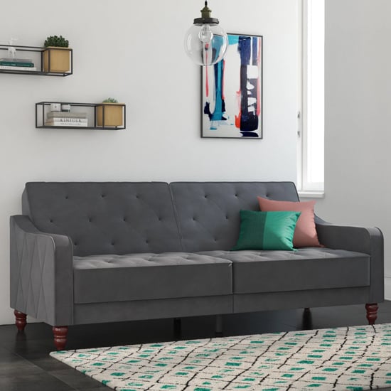 Read more about Vincenzo velvet sofa bed with wooden legs in grey