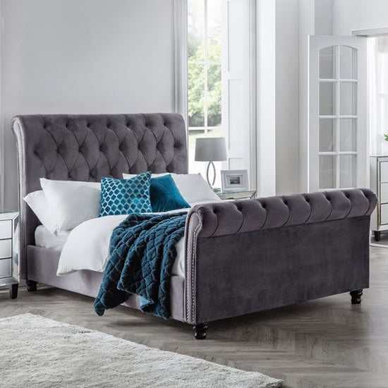 Vaike Velvet Upholstered Sleigh Double Bed In Grey