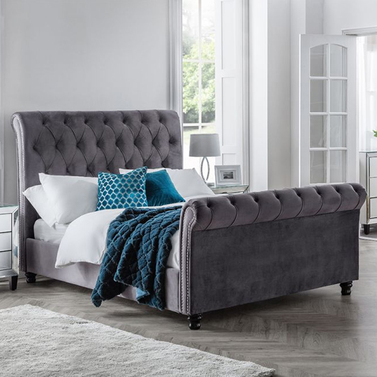 Photo of Vaike velvet upholstered sleigh king size bed in grey