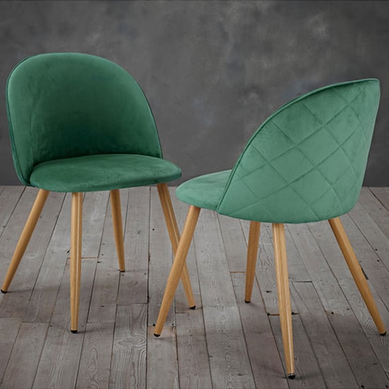 Vinos Green Velvet Dining Chairs With Oak Metal Legs In Pair