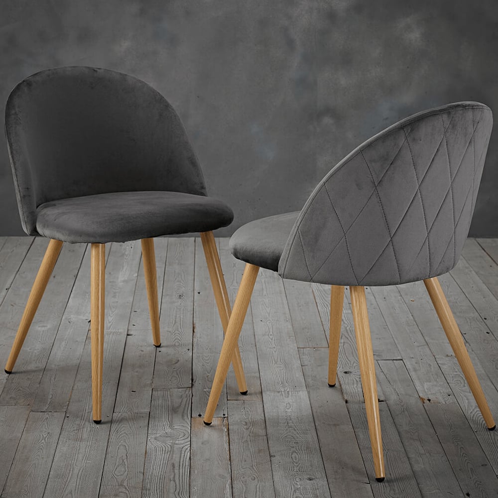 Vinos Grey Velvet Dining Chairs With Oak Metal Legs In Pair