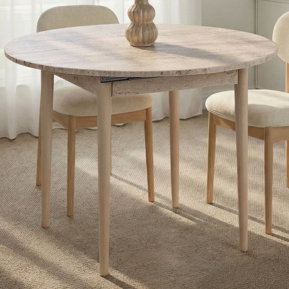 Vionael Oval Wooden Extending Dining Table in Travertine Marble Effect Oak