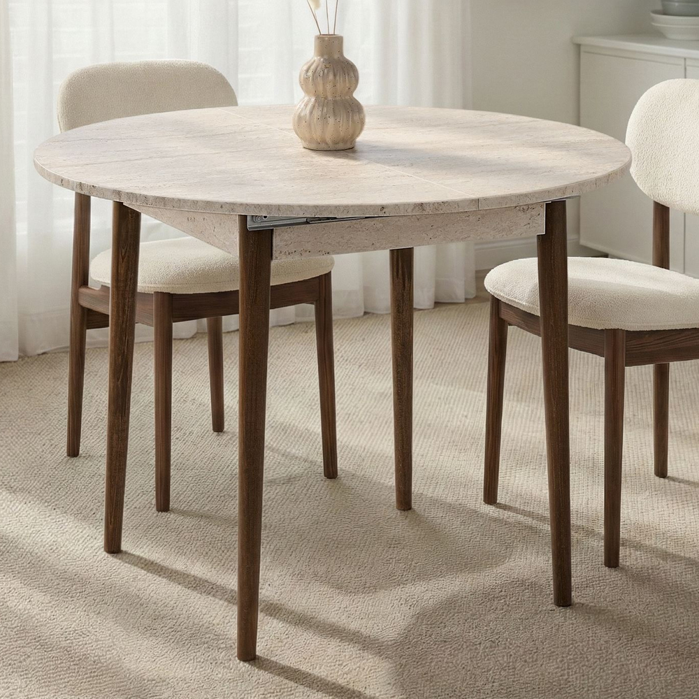 Vionael Oval Wooden Extending Dining Table in Travertine Marble Effect Walnut