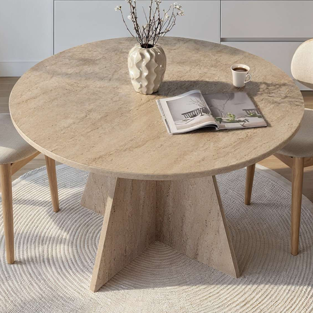 Viora Round Wooden Dining Table in Travertine Marble Effect