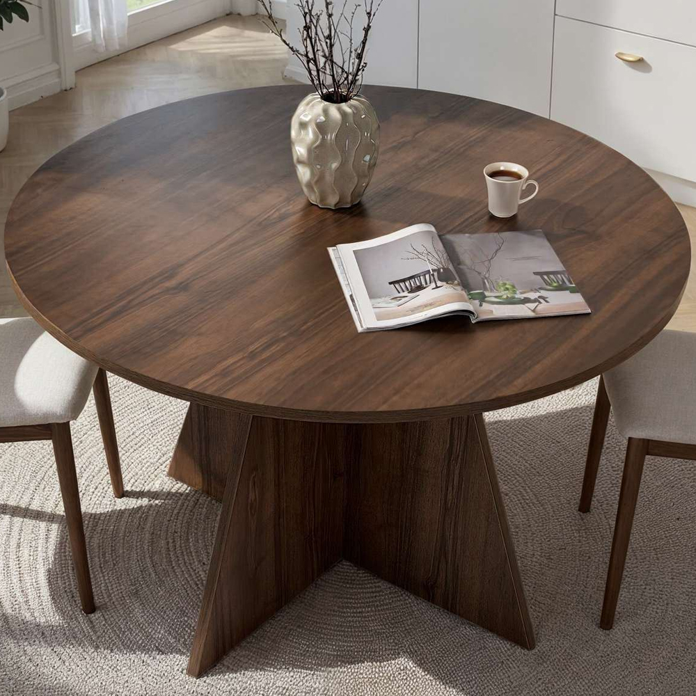 Viora Round Wooden Dining Table in Walnut