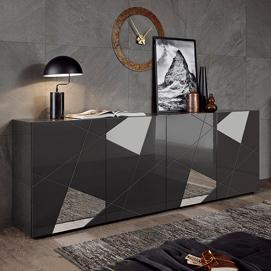 Product photograph of Viro High Gloss 4 Doors Sideboard In Anthracite from Furniture in Fashion