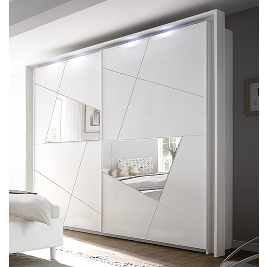 Read more about Viro mirrored high gloss sliding wardrobe in white with led