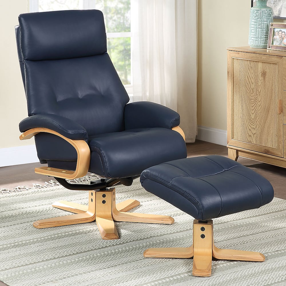 Viroqua Leather Recliner Chair With Stool In Navy