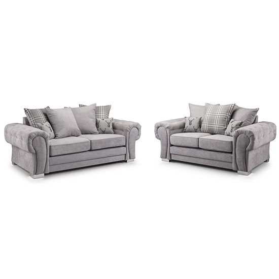 Verna Scatterback Fabric 3+2 Seater Sofa Set In Grey