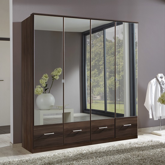 Vista Mirror Wardrobe Large In Columbia Walnut Effect 4 Drawers