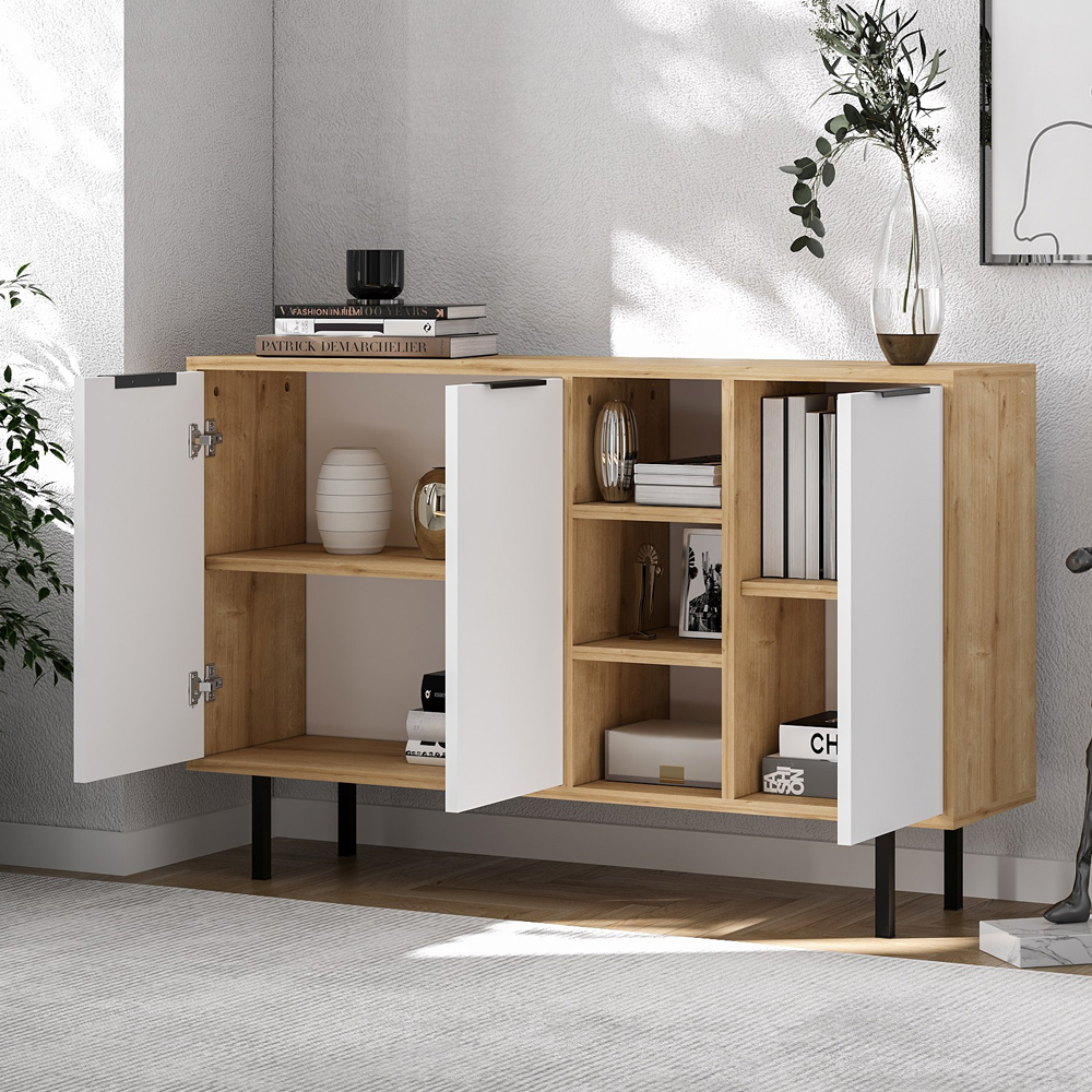 Viyana Wooden Sideboard with 3 Doors in Sapphire Oak and White