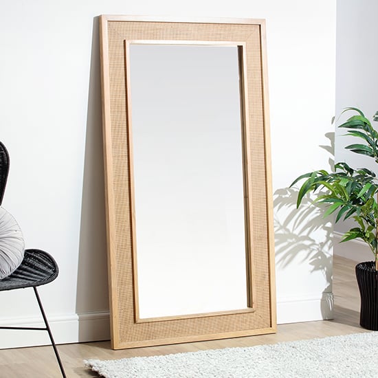 Photo of Vlore long floor cheval mirror with natural wooden frame