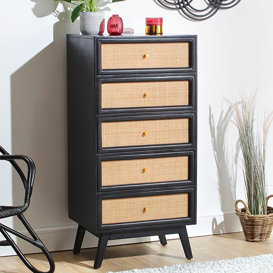 Product photograph of Vlore Narrow Wooden Chest Of 5 Drawers In Black from Furniture in Fashion