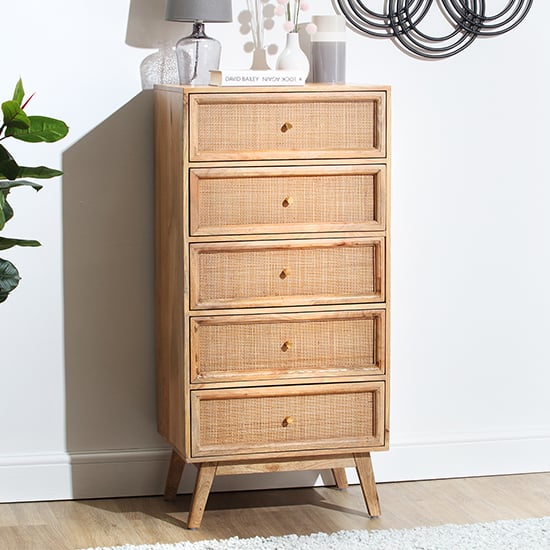 Vlore Narrow Wooden Chest Of 5 Drawers In Natural