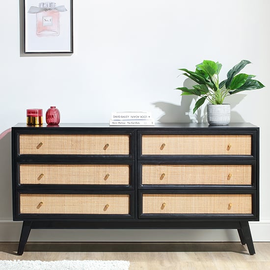 Product photograph of Vlore Wide Wooden Chest Of 6 Drawers In Black from Furniture in Fashion