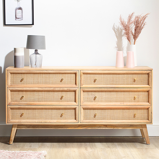 Product photograph of Vlore Wide Wooden Chest Of 6 Drawers In Natural from Furniture in Fashion