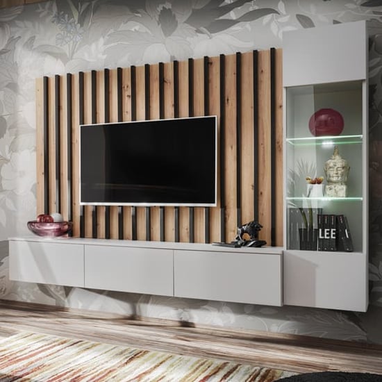 Read more about Volos wooden entertainment unit in artisan oak pearl grey led