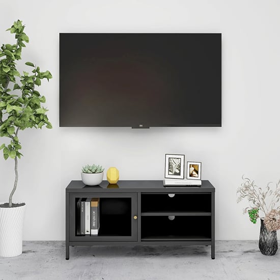 Product photograph of Voss Clear Glass Tv Stand With 1 Door In Anthracite Frame from Furniture in Fashion