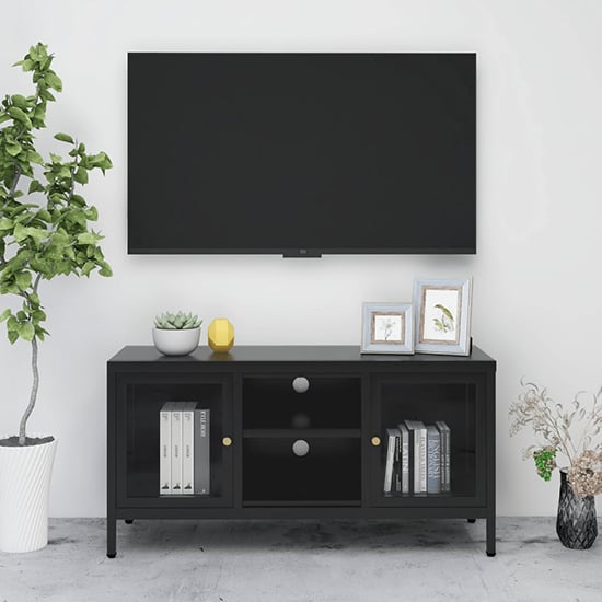 Read more about Voss clear glass tv stand with 2 doors in black steel frame