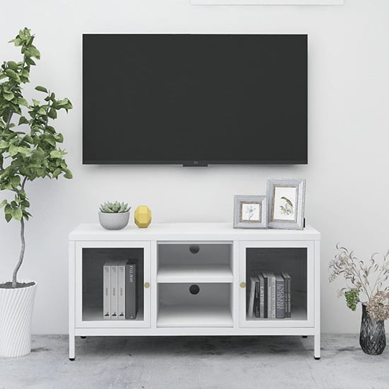 Product photograph of Voss Steel Tv Stand With 2 Doors In White from Furniture in Fashion