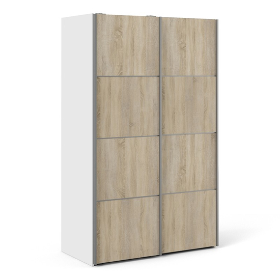 Read more about Vrok sliding wardrobe with 2 oak doors 5 shelves in white