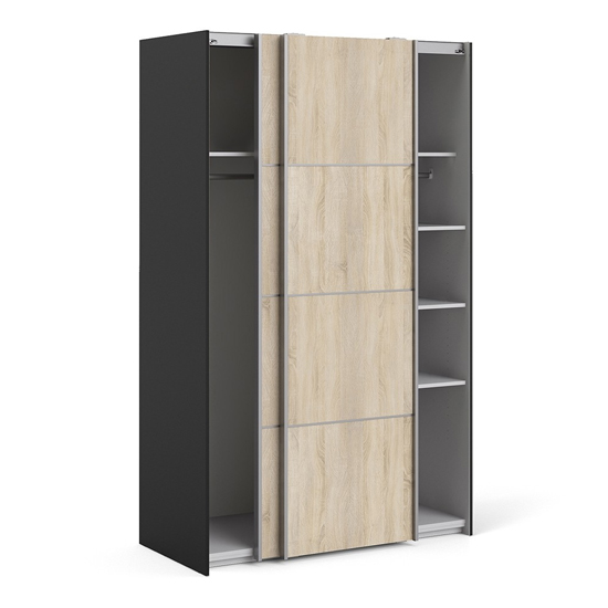 Vrok Wooden Sliding Doors Wardrobe In Black Oak With 5 Shelves
