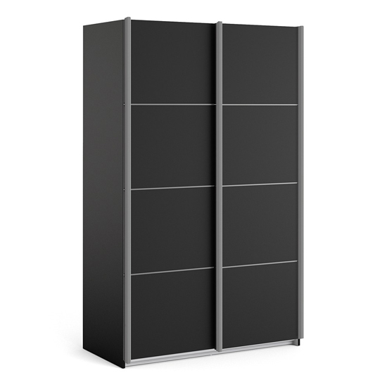 Product photograph of Vrok Wooden Sliding Doors Wardrobe In Matt Black With 5 Shelves from Furniture in Fashion