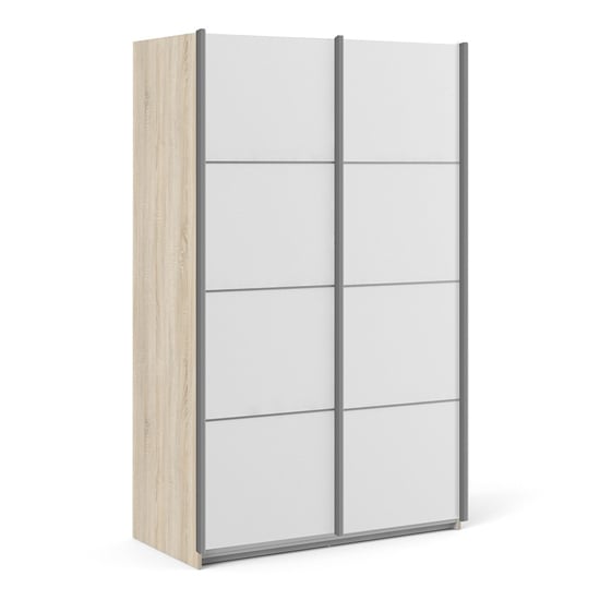 Photo of Vrok wooden sliding doors wardrobe in oak white with 2 shelves