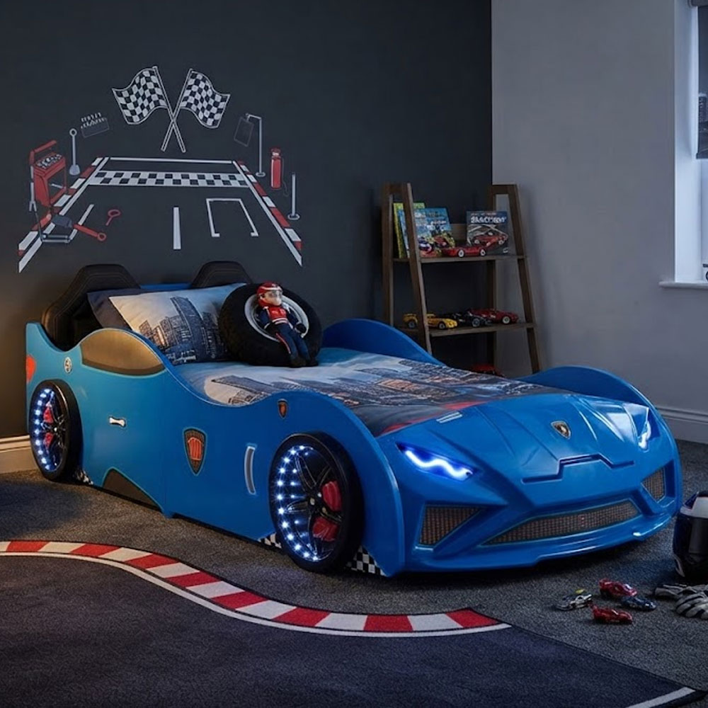 Vroom Blue ABS Childen Car Bed with Leather Seat and LED