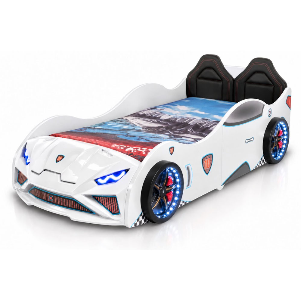 Vroom White ABS Childen Car Bed with Leather Seat and LED