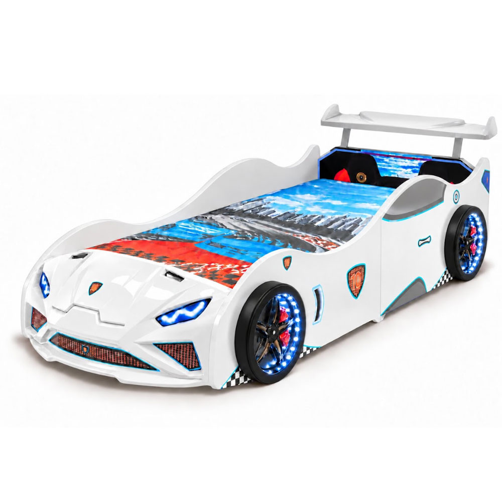 Vroom White ABS Childen Car Bed with Spoiler and LED