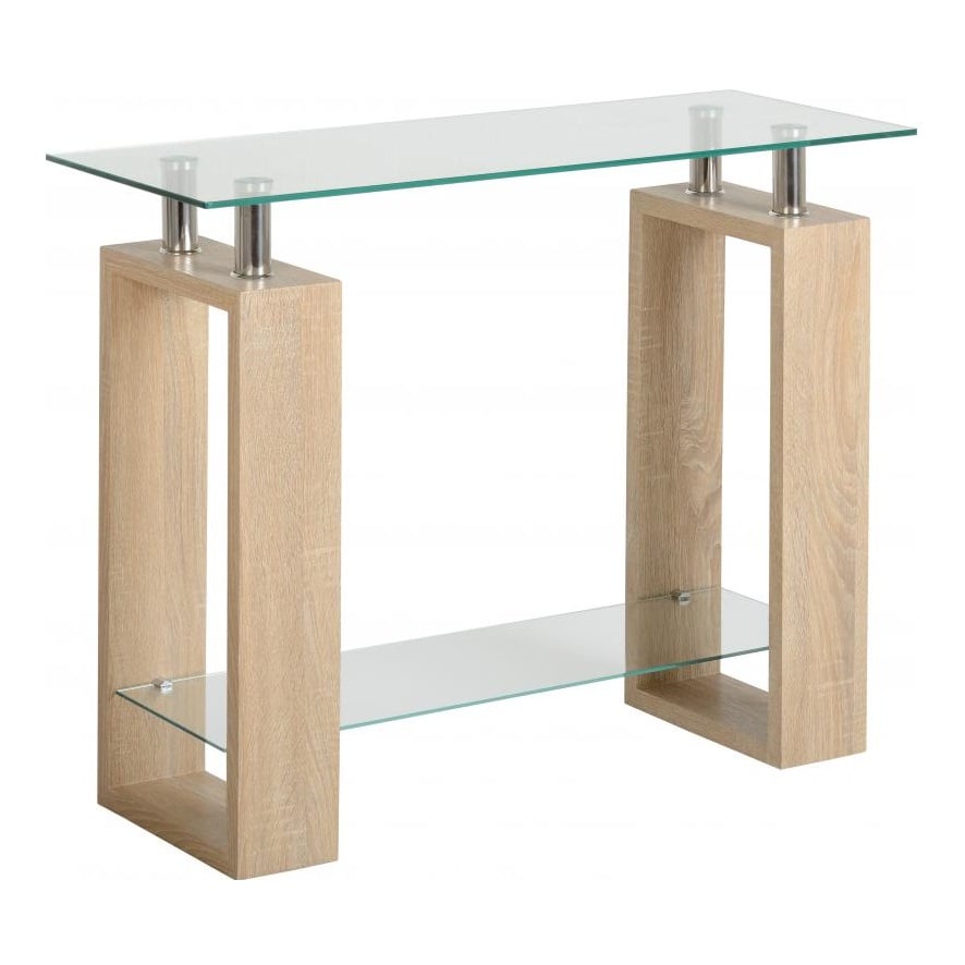Medrano Clear Glass Console Table With Sonoma Oak Legs_2
