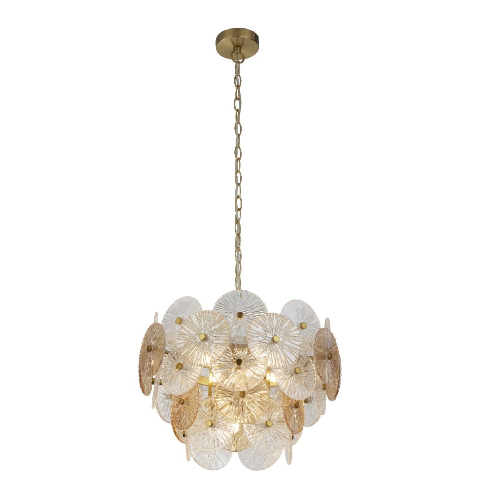 Read more about Wagon 5 light clear amber glass pendant light in bronze