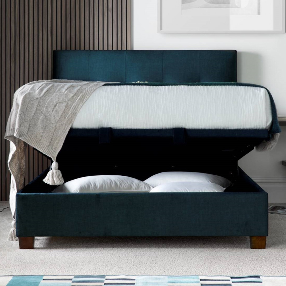 Walker Velvet Ottoman Storage Double Bed In Deep Ocean