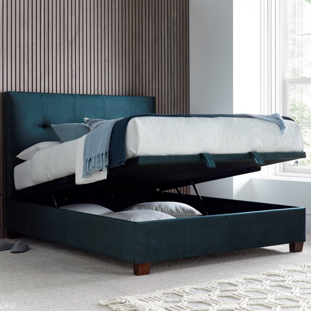 Walker Velvet Ottoman Storage King Size Bed In Deep Ocean