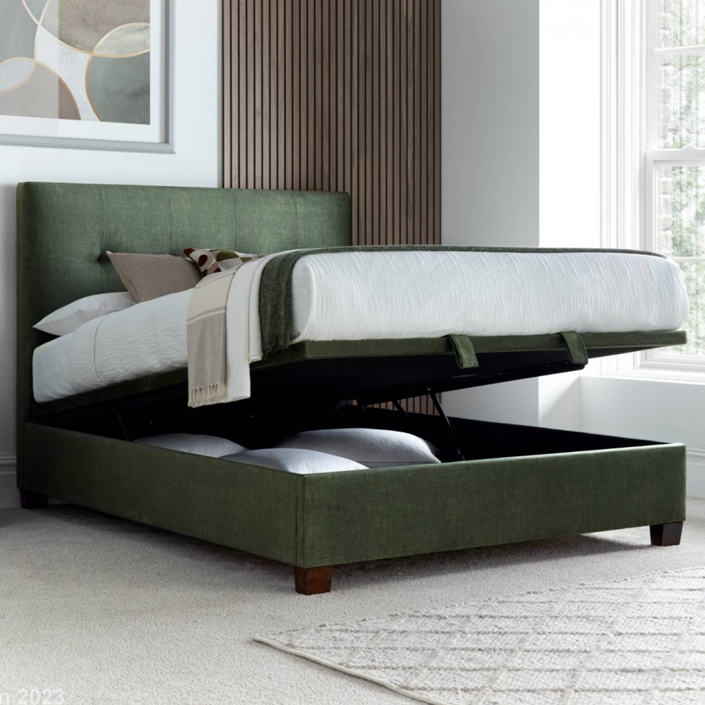 Walker Velvet Ottoman Storage King Size Bed In Winter Moss