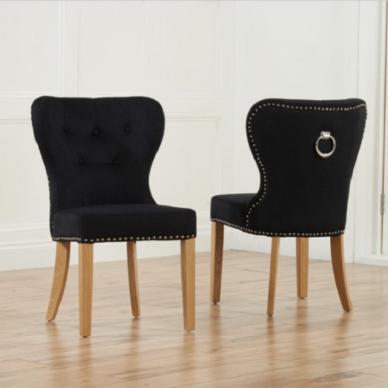 Wallace Black Velvet Dining Chairs With Oak Legs In A Pair