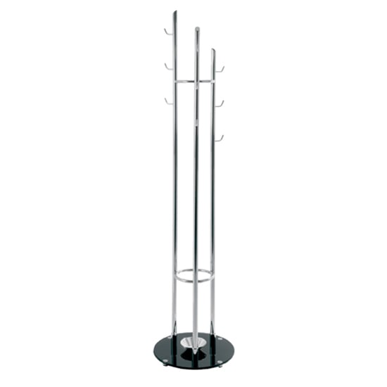 Photo of Wallingford metal coat stand in chrome with black glass base