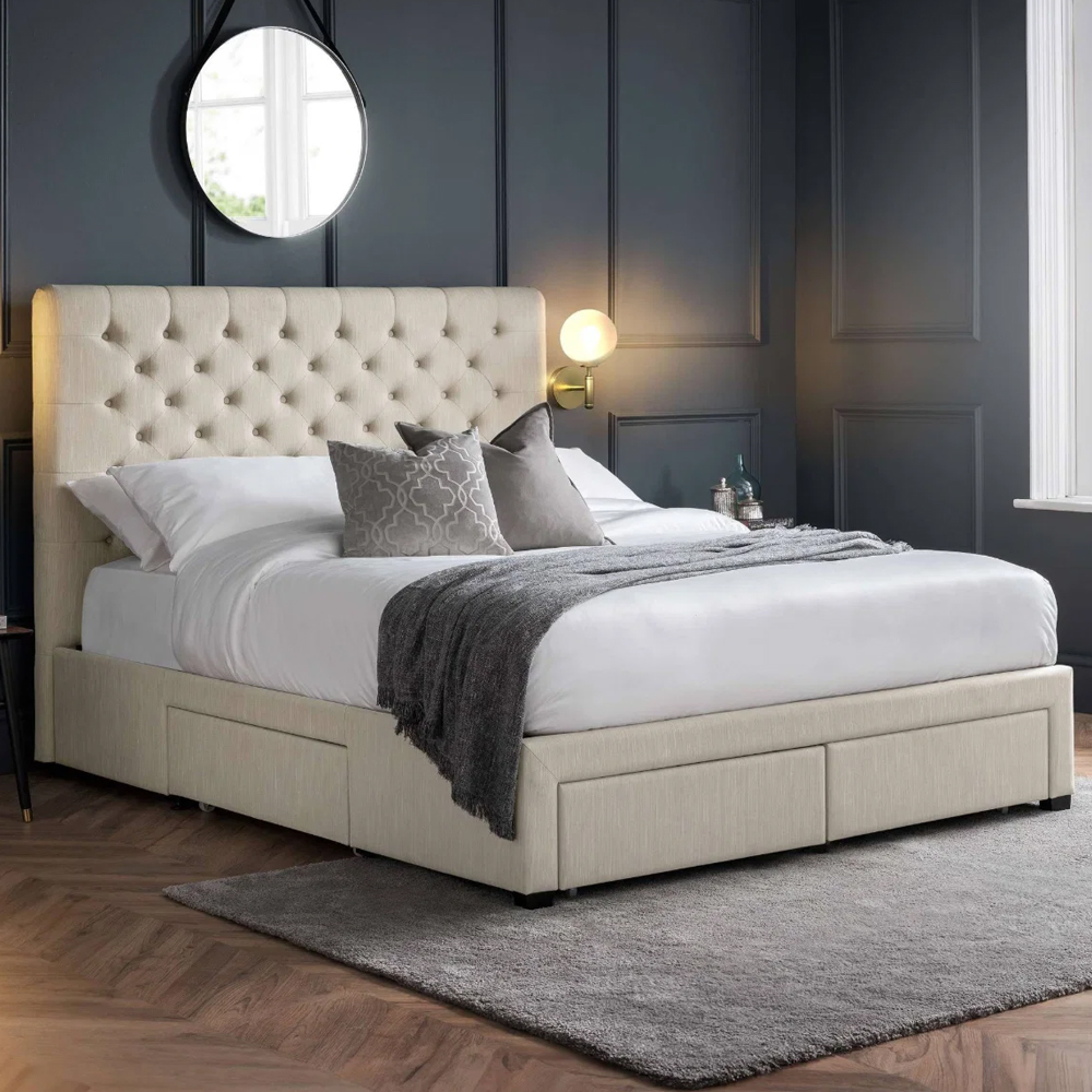 Walsh Fabric King Size Bed with 4 Drawers in Oatmeal