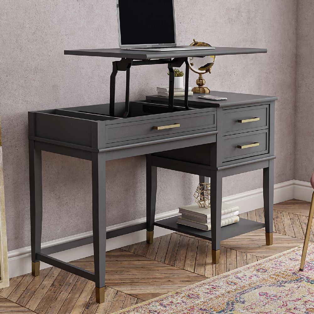Wantagh Wooden Lift Top Laptop Desk With 2 Drawers In Black