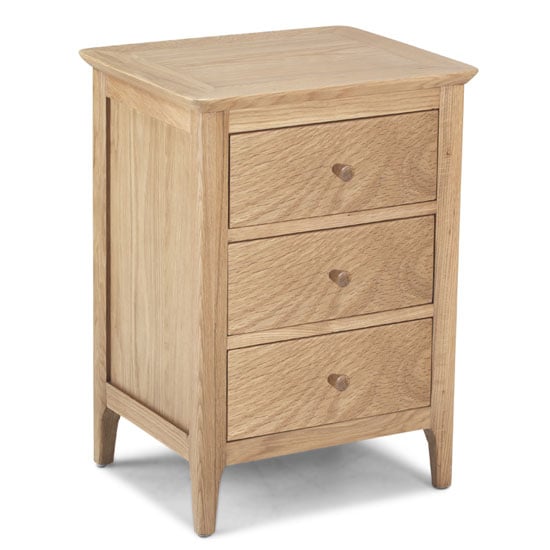 Photo of Wardle wooden bedside cabinet in crafted solid oak with 3 drawer