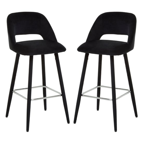 Photo of Warns black velvet bar chairs with silver footrest in a pair